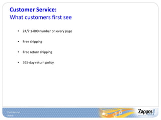 Customer Service: What customers first see <ul><ul><li>24/7 1-800 number on every page </li></ul></ul><ul><ul><li>Free shi...