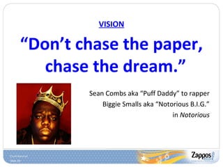 Slide 29
VISION
“Don’t chase the paper,
chase the dream.”
Sean Combs aka “Puff Daddy” to rapper
Biggie Smalls aka “Notorious B.I.G.”
in Notorious
 