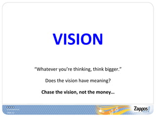 VISION “ Whatever you’re thinking, think bigger.” Does the vision have meaning? Chase the vision, not the money… 