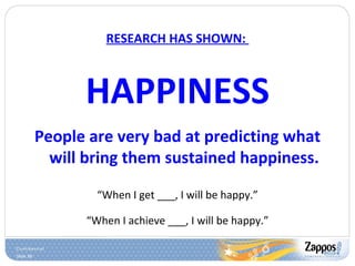 RESEARCH HAS SHOWN:  HAPPINESS People are very bad at predicting what will bring them sustained happiness. “ When I get ___, I will be happy.” “ When I achieve ___, I will be happy.” 