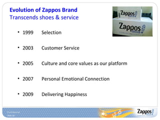 Slide 16
Evolution of Zappos Brand
Transcends shoes & service
• 1999 Selection
• 2003 Customer Service
• 2005 Culture and core values as our platform
• 2007 Personal Emotional Connection
• 2009 Delivering Happiness
 