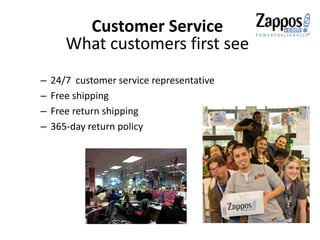 Customer Service
What customers first see
– 24/7 customer service representative
– Free shipping
– Free return shipping
– 365-day return policy
 