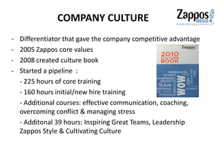 - Differentiator that gave the company competitive advantage
- 2005 Zappos core values
- 2008 created culture book
- Started a pipeline :
- 225 hours of core training
- 160 hours initial/new hire training
- Additional courses: effective communication, coaching,
overcoming conflict & managing stress
- Additonal 39 hours: Inspiring Great Teams, Leadership
Zappos Style & Cultivating Culture
COMPANY CULTURE
 