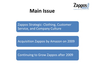 Main Issue
Zappos Strategic: Clothing, Customer
Service, and Company Culture
Acquisition Zappos by Amazon on 2009
Continuing to Grow Zappos after 2009
 