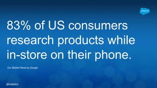 @kyleplacy
83% of US consumers
research products while
in-store on their phone.
Our Mobile Planet by Google
 