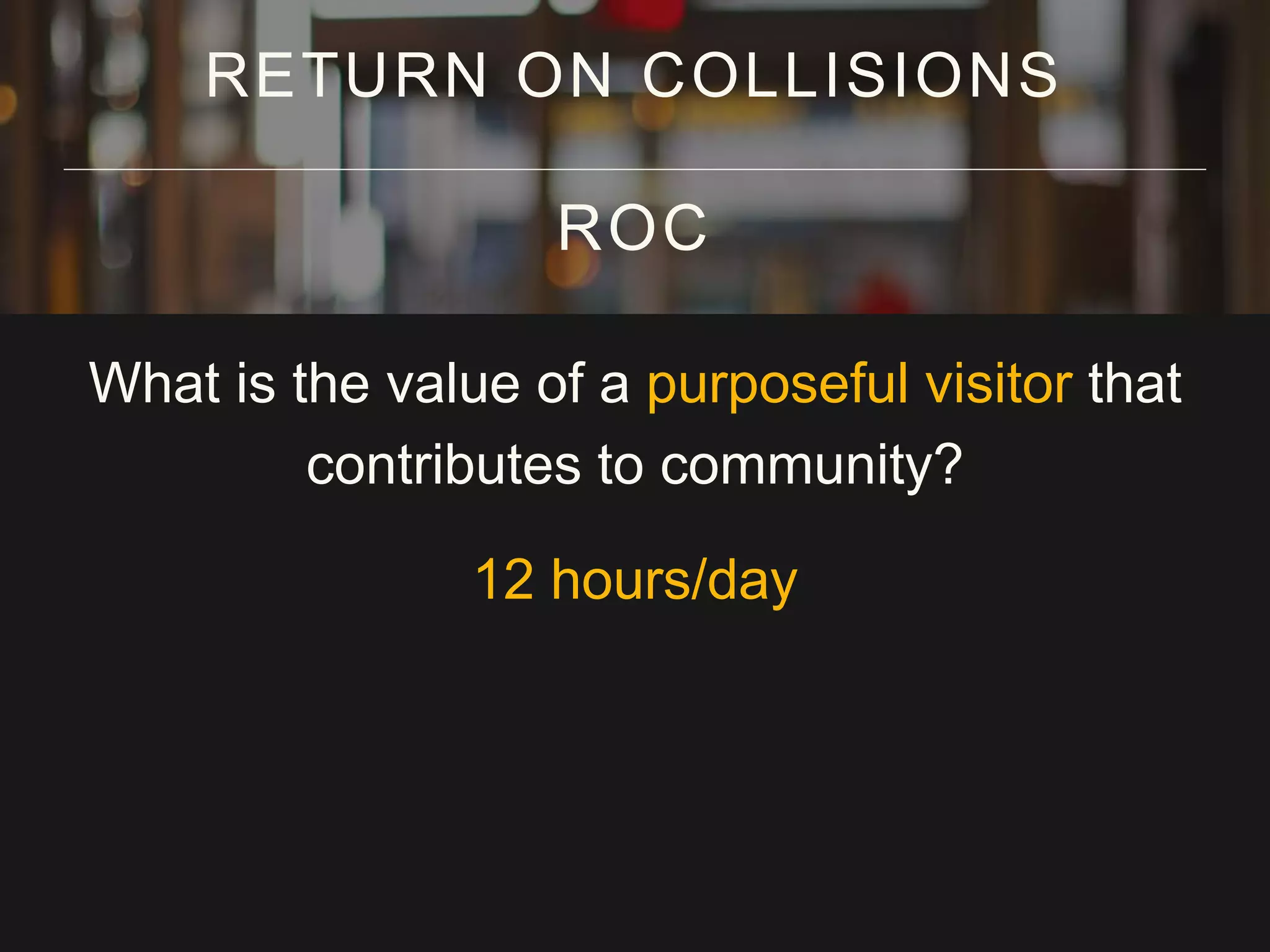 What is the value of a purposeful visitor that
contributes to community?
12 hours/day
RETURN ON COLLISIONS
ROC
 