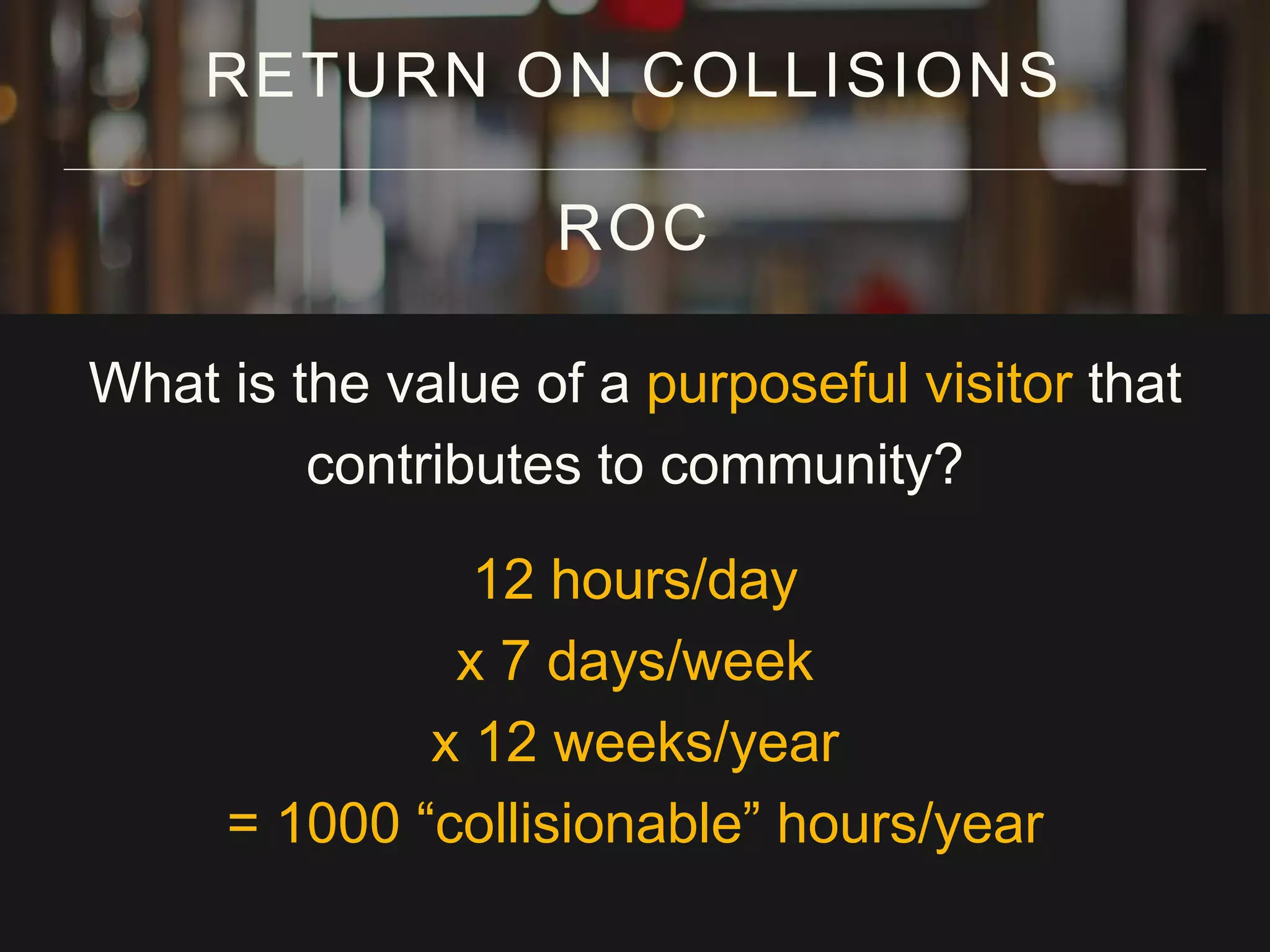 What is the value of a purposeful visitor that
contributes to community?
12 hours/day
x 7 days/week
x 12 weeks/year
= 1000 “collisionable” hours/year
RETURN ON COLLISIONS
ROC
 