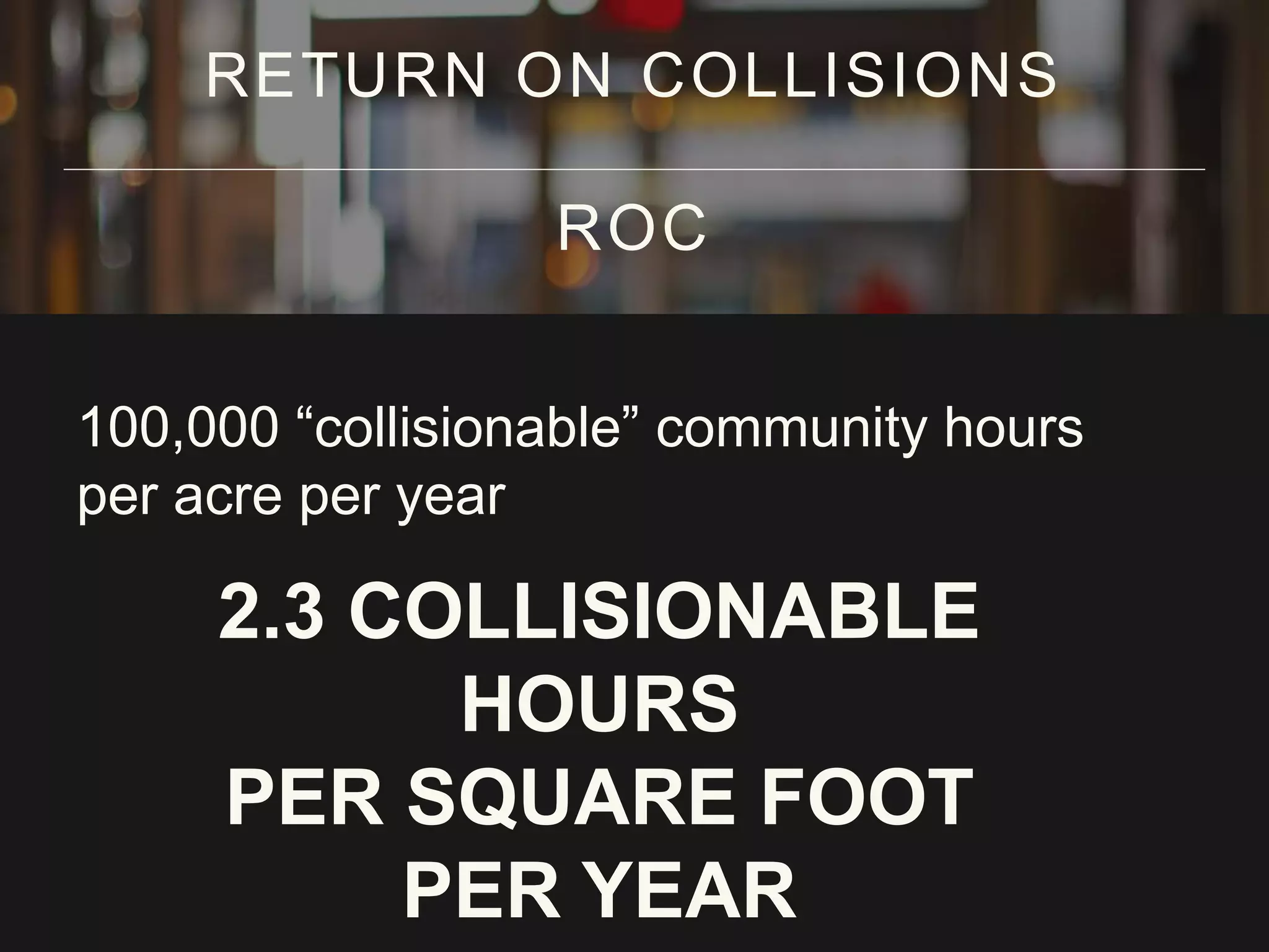 100,000 “collisionable” community hours
per acre per year
RETURN ON COLLISIONS
ROC
2.3 COLLISIONABLE
HOURS
PER SQUARE FOOT
PER YEAR
 