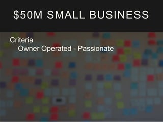 $50M SMALL BUSINESS
Criteria
Owner Operated - Passionate
 