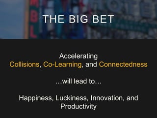 Accelerating
Collisions, Co-Learning, and Connectedness
…will lead to…
Happiness, Luckiness, Innovation, and
Productivity
THE BIG BET
 