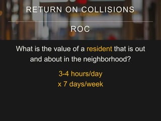 What is the value of a resident that is out
and about in the neighborhood?
3-4 hours/day
x 7 days/week
RETURN ON COLLISIONS
ROC
 
