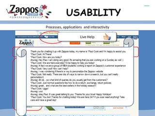 USABILITY
Processes, applications and interactivity

                      Live Help




          Categorization


          Personalization
 