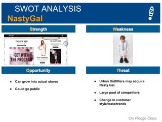 SWOT ANALYSIS
NastyGal

●

Can grow into actual stores

●

Could go public

●

Urban Outfitters may acquire
Nasty Gal

●

...