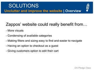 SOLUTIONS
Unclutter and improve the website | Overview

Zappos‟ website could really benefit from…
- More visuals
- Conden...