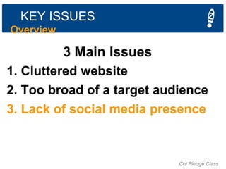 KEY ISSUES
Overview

3 Main Issues
1. Cluttered website
2. Too broad of a target audience
3. Lack of social media presence...