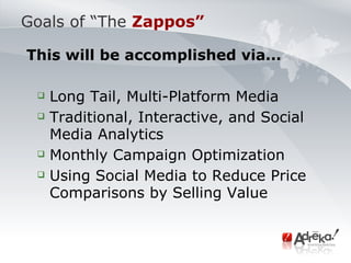 Goals of “The   Zappos” <ul><li>This will be accomplished via... </li></ul><ul><ul><li>Long Tail, Multi-Platform Media </l...