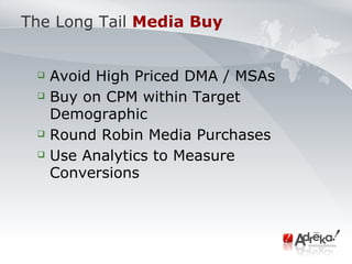 The Long Tail   Media Buy <ul><ul><li>Avoid High Priced DMA / MSAs </li></ul></ul><ul><ul><li>Buy on CPM within Target Dem...