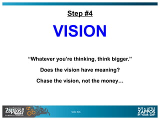 Step #4 <ul><li>VISION </li></ul><ul><li>“ Whatever you’re thinking, think bigger.” </li></ul><ul><li>Does the vision have...