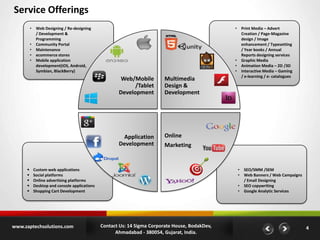 Service Offerings
•
•
•
•
•

•

Web Designing / Re-designing
/ Development &
Programming
Community Portal
Maintenance
ecommerce stores
Mobile application
development(iOS, Android,
Symbian, BlackBerry)

•
•
•

Web/Mobile
/Tablet
Development

Multimedia
Design &
Development

Application
Development







Online
Marketing

•
•

Custom web applications
Social platforms
Online advertising platforms
Desktop and console applications
Shopping Cart Development

www.zaptechsolutions.com

Print Media – Advert
Creation / Page-Magazine
design / Image
enhancement / Typesetting
/ Year books / Annual
Reports designing services
Graphic Media
Animation Media – 2D /3D
Interactive Media – Gaming
/ e-learning / e- catalogues

•
•

Contact Us: 14 Sigma Corporate House, BodakDev,
Ahmadabad - 380054, Gujarat, India.

SEO/SMM /SEM
Web Banners / Web Campaigns
/ Email Designing
SEO copywriting
Google Analytic Services

4

 