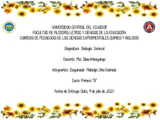 UNIVERSIDAD CENTRAL DEL ECUADOR
FACULTAD DE FILOSOFÍA, LETRAS Y CIENCIAS DE LA EDUCACIÓN
CARRERA DE PEDAGOGÍA DE LAS CIENCIAS EXPERIMENTALES QUÍMICA Y BIOLOGÍA
Asignatura : Biología General
Docente: Msc. Silvia Imbaquingo
Integrantes: Zaquinaula Mabelyn, Oña Gabriela
Curso: Primero “A”
Fecha de Entrega: Quito, 9 de julio de 2021
 