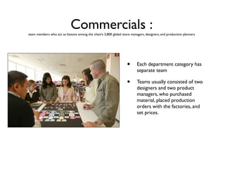 Commercials :
team members who act as liaisons among the chain’s 2,800 global store managers, designers, and production planners




                                                                   •      Each department category has
                                                                          separate team

                                                                   •      Teams usually consisted of two
                                                                          designers and two product
                                                                          managers, who purchased
                                                                          material, placed production
                                                                          orders with the factories, and
                                                                          set prices.
 