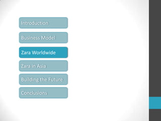 IntroductionBusiness ModelZara WorldwideZara in AsiaBuilding the FutureConclusions