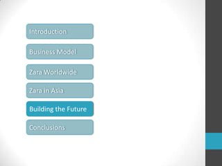 IntroductionBusiness ModelZara WorldwideZara in AsiaBuilding the FutureConclusions