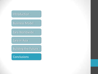 IntroductionBusiness ModelZara WorldwideZara in AsiaBuilding the FutureConclusions