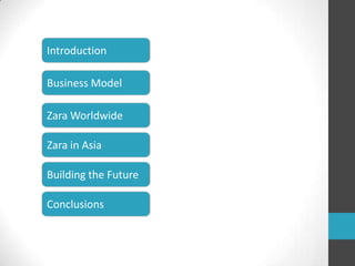 Introduction,[object Object],Business Model,[object Object],Zara Worldwide,[object Object],Zara in Asia,[object Object],Building the Future,[object Object],Conclusions,[object Object]