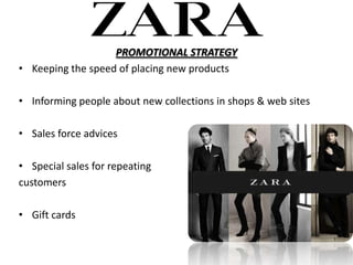 PROMOTIONAL STRATEGY
? Keeping the speed of placing new products

? Informing people about new collections in shops & web sites

? Sales force advices

? Special sales for repeating
customers

? Gift cards
 
