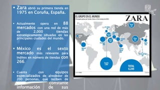  Zara abrió su primera tienda en 
1975 en Coruña, España. 
 Actualmente opera en 88 
mercados con una red de más 
de 2,000 tiendas 
estratégicamente situadas en las 
principales ciudades del mundo. 
 México es el sexto 
mercado más relevante para 
Inditex en número de tiendas con 
266. 
 Cuenta con equipos 
especializados de alrededor de 
200 personas, que reciben de 
forma constante 
información de sus 
usuarios. 
ZARA 3 
 