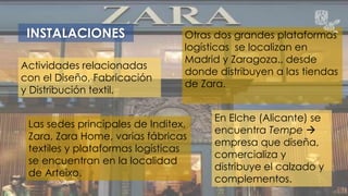INSTALACIONES 
Actividades relacionadas 
con el Diseño, Fabricación 
y Distribución textil. 
Otras dos grandes plataformas 
logísticas se localizan en 
Madrid y Zaragoza., desde 
donde distribuyen a las tiendas 
de Zara. 
Las sedes principales de Inditex, 
Zara, Zara Home, varias fábricas 
textiles y plataformas logísticas 
se encuentran en la localidad 
de Arteixo. 
En Elche (Alicante) se 
encuentra Tempe  
empresa que diseña, 
comercializa y 
distribuye el calzado y 
complementos. 
 