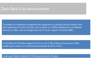 Zara face à la concurrence
L'enseigne de vêtements espagnole Zara appartient au groupe familial Inditex, dont
elle représente 75 % de l'activité. Zara a réalisé un chiffre d'affaires de 2,5 milliards
d'euros en 2001, soit une progression de 21 % par rapport à l'année 2000.
Le résultat net d'Inditex a gagné 76 % en un an à 340 millions d'euros pour 2001,
tandis que le retour sur investissement passait de 35 % à 42 %.
Le groupe Inditex emploie 26 724 personnes dans 34 pays.
 