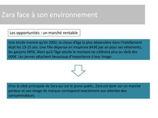 Zara face à son environnement
Les opportunités : un marché rentable
Une étude montre qu’en 2002, la classe d’âge la plus dépensière dans l’habillement
était les 19-25 ans. Une fille dépense en moyenne 843€ par an pour ses vêtements,
les garçons 695€. Alors qu’à l’âge adulte le montant ne s’élèvera plus au-delà des
600€. Les jeunes attachent beaucoup d’importance à leur image.
D’où la cible principale de Zara qui est le jeune public, Zara est donc sur un marché
porteur et son image de marque correspond exactement aux attentes des
consommateurs.
 