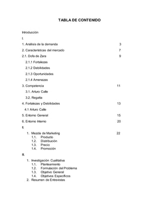 TABLA DE CONTENIDO
Introducción
I.
1. Análisis de la demanda 3
2. Características del mercado 7
2.1. Dofa de Zara 9
2.1.1 Fortalezas
2.1.2 Debilidades
2.1.3 Oportunidades
2.1.4 Amenazas
3. Competencia 11
3.1. Arturo Calle
3.2. Regatta
4. Fortalezas y Debilidades 13
4.1 Arturo Calle
5. Entorno General 15
6. Entorno Interno 20
II.
1. Mezcla de Marketing 22
1.1. Producto
1.2. Distribución
1.3. Precio
1.4. Promoción
III.
1. Investigación Cualitativa
1.1. Planteamiento
1.2. Formulación del Problema
1.3. Objetivo General
1.4. Objetivos Específicos
2. Resumen de Entrevistas
 