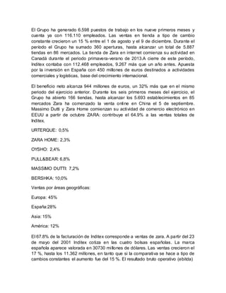 El Grupo ha generado 6.598 puestos de trabajo en los nueve primeros meses y
cuenta ya con 116.110 empleados. Las ventas en tienda a tipo de cambio
constante crecieron un 15 % entre el 1 de agosto y el 9 de diciembre. Durante el
período el Grupo ha sumado 360 aperturas, hasta alcanzar un total de 5.887
tiendas en 86 mercados. La tienda de Zara en internet comienza su actividad en
Canadá durante el periodo primavera-verano de 2013.A cierre de este período,
Inditex contaba con 112.468 empleados, 9.267 más que un año antes. Apuesta
por la inversión en España con 450 millones de euros destinados a actividades
comerciales y logísticas, base del crecimiento internacional.
El beneficio neto alcanza 944 millones de euros, un 32% más que en el mismo
periodo del ejercicio anterior. Durante los seis primeros meses del ejercicio, el
Grupo ha abierto 166 tiendas, hasta alcanzar los 5.693 establecimientos en 85
mercados Zara ha comenzado la venta online en China el 5 de septiembre.
Massimo Dutti y Zara Home comienzan su actividad de comercio electrónico en
EEUU a partir de octubre ZARA: contribuye el 64.9% a las ventas totales de
Inditex.
URTERQUE: 0,5%
ZARA HOME: 2,3%
OYSHO: 2,4%
PULL&BEAR: 6,8%
MASSIMO DUTTI: 7,2%
BERSHKA: 10,0%
Ventas por áreas geográficas:
Europa: 45%
España:28%
Asia: 15%
América: 12%
El 67.8% de la facturación de Inditex corresponde a ventas de zara. A partir del 23
de mayo del 2001 Inditex cotiza en las cuatro bolsas españolas. La marca
española aparece valorada en 30730 millones de dólares. Las ventas crecieron el
17 %, hasta los 11.362 millones, en tanto que si la comparativa se hace a tipo de
cambios constantes el aumento fue del 15 %. El resultado bruto operativo (ebitda)
 