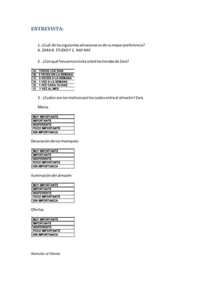 ENTREVISTA:
1. ¿Cuál de lossiguientesalmacenesesde sumayorpreferencia?
A. ZARA B. STUDIO F C. NAFNAF
2. ¿Conqué frecuenciavisitaustedlastiendasde Zara?
3. ¿Cuálessonlosmotivosporloscualesentraal almacén?Zara.
Marca.
Decoraciónde losmaniquíes
Iluminacióndel almacén
Ofertas
Atención al Cliente
 