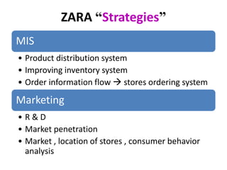 ZARA “Strategies”
MIS
• Product distribution system
• Improving inventory system
• Order information flow  stores ordering system
Marketing
• R & D
• Market penetration
• Market , location of stores , consumer behavior
analysis
 
