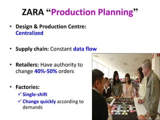 ZARA “Production Planning”
• Design & Production Centre:
Centralized
• Supply chain: Constant data flow
• Retailers: Have authority to
change 40%-50% orders
• Factories:
 Single-shift
 Change quickly according to
demands
 