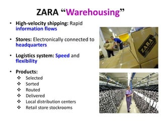 ZARA “Warehousing”
• High-velocity shipping: Rapid
information flows
• Stores: Electronically connected to
headquarters
• Logistics system: Speed and
flexibility
• Products:
 Selected
 Sorted
 Routed
 Delivered
 Local distribution centers
 Retail store stockrooms
 