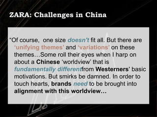  Commits 50%~60% of production in advance of the season VS. 80%~90% for other The Key to ZARA's SuccessVertically integrated supply chain where design, production, distribution, and retailing were integrated.“The vertical integration of our production system allows us to place a garment in any store around the world in a period between two to three weeks.”