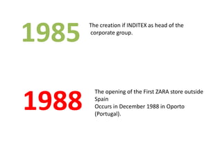 1985   The creation if INDITEX as head of the
       corporate group.




1988
         The opening of the First ZARA store outside
         Spain
         Occurs in December 1988 in Oporto
         (Portugal).
 