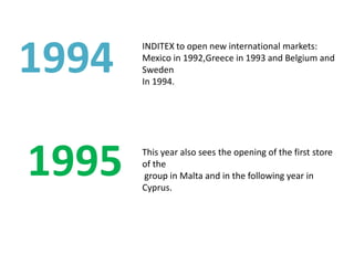 1994   INDITEX to open new international markets:
       Mexico in 1992,Greece in 1993 and Belgium and
       Sweden
       In 1994.




1995   This year also sees the opening of the first store
       of the
       group in Malta and in the following year in
       Cyprus.
 