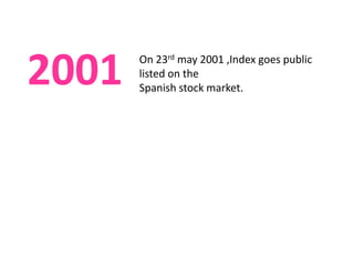 2001   On 23rd may 2001 ,Index goes public
       listed on the
       Spanish stock market.
 
