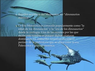  Reptiles acuáticos del Mesozoico, no “dinosaurios
marinos”
 La Era Mesozoica es conocida popularmente como "la
edad de los dinosaurios" y la “era de los dinosaurios”
desde la zoología. Una de las razones por las que
recibe este nombre es porque dichas criaturas
dominaron los ambientes terrestres durante el
período de la prehistoria que se ubica entre la era
Paleozoica y la era Cenozoica.
 