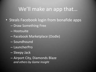 We’ll make an app that…
• Steals Facebook login from bonafide apps
  – Draw Something Free
  – Hootsuite
  – Facebook Marketplace (Oodle)
  – Soundhound
  – LauncherPro
  – Sleepy Jack
  – Airport City, Diamonds Blaze
    and others by Game Insight
 