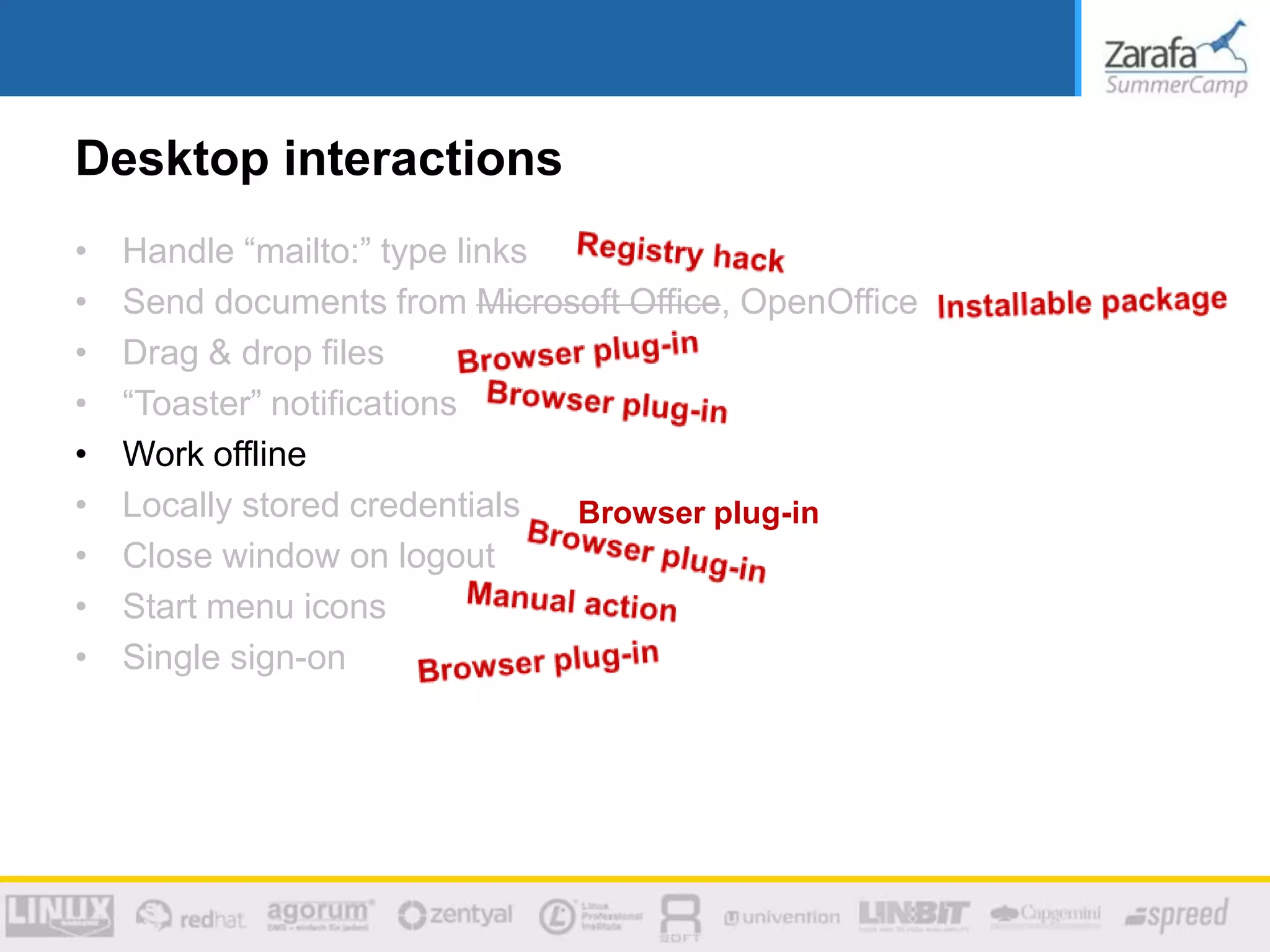Desktop interactions
• Handle “mailto:” type links
• Send documents from Microsoft Office, OpenOffice
• Drag & drop files
• “Toaster” notifications
• Work offline
• Locally stored credentials Browser plug-in
• Close window on logout
• Start menu icons
• Single sign-on