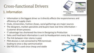 Cross-functional Drivers
• Information is the biggest driver as it directly effects the responsiveness and
efficiency of supply chain
• Clubs, Universities, Fashion shows, social gatherings are major sources
• The designers, market specialists and buyers have real-time information –
Customer driven process
• IT advantage has shortened the time in Designing to Production
• Sales and Feed back information is sent to Headquarters every day in evening
• The link between inter-stores is poor
• PDA devices is not connected to POS terminals
leading to once a day communication
• Old POS OS is used since cheap and stable
1. Information
 