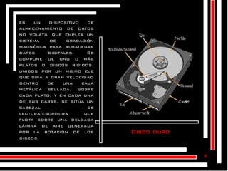 es
un
dispositivo
de
almacenamiento de datos
no volátil que emplea un
sistema
de
grabación
magnética para almacenar
datos
digitales.
Se
compone de uno o más
platos o discos rígidos,
unidos por un mismo eje
que gira a gran velocidad
dentro
de
una
caja
metálica sellada. Sobre
cada plato, y en cada una
de sus caras, se sitúa un
cabezal
de
lectura/escritura
que
flota sobre una delgada
lámina de aire generada
por la rotación de los
discos.

Disco duro

z

 