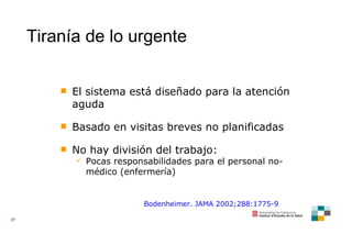 Tiranía de lo urgente El sistema está diseñado para la atención aguda Basado en visitas breves no planificadas No hay división del trabajo:  Pocas responsabilidades para el personal no-médico (enfermería) Bodenheimer. JAMA 2002;288:1775-9 